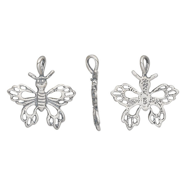 Charm, antiqued sterling silver, 16x14mm single-sided open butterfly. Sold individually. image number 0