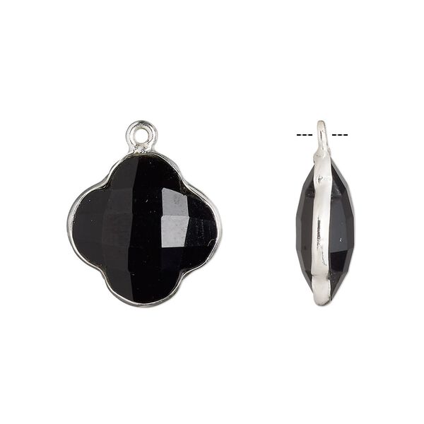 Drop, black onyx (dyed) and sterling silver, black, 16-17mm hand-cut double-sided faceted clover. Sold individually. image number 0