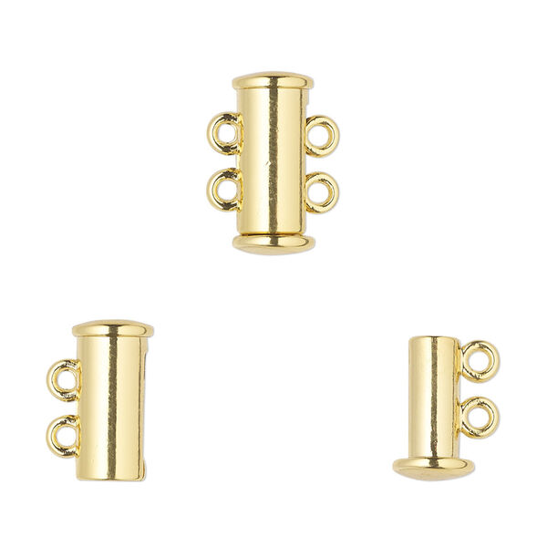 Clasp, 2-strand magnetic slide lock, gold-finished "pewter" (zinc-based alloy), 14.5x6.5mm tube. Sold per pkg of 2. image number 0