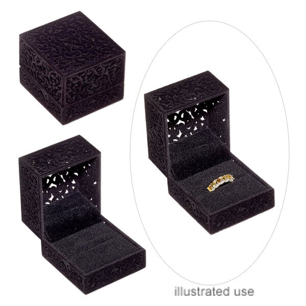 Box, ring, flocked and padded velveteen / acrylic / steel, black, 2-3/8 x 2-1/4 x 1-8/9 inch hinged rectangle. Sold individually. image number 0