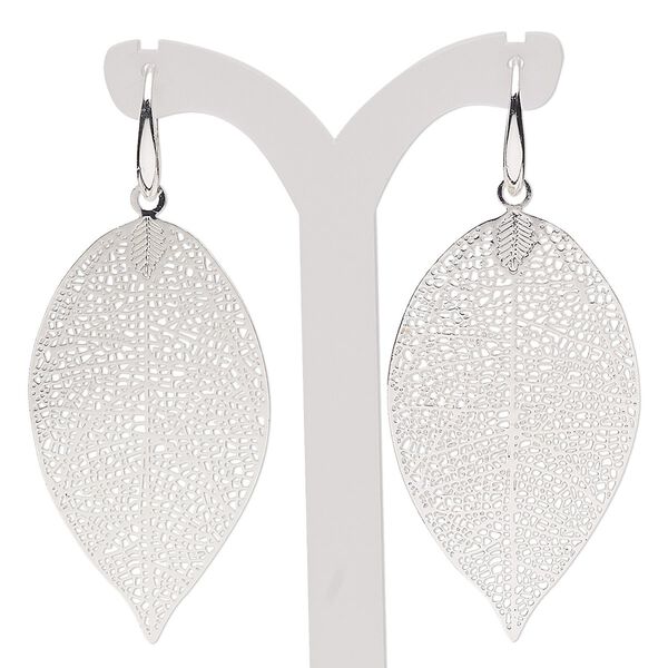 Earring, silver plate brass, 2-1/2 inches with textured leaf and fishhook ear wire. Sold per pair. image number 0