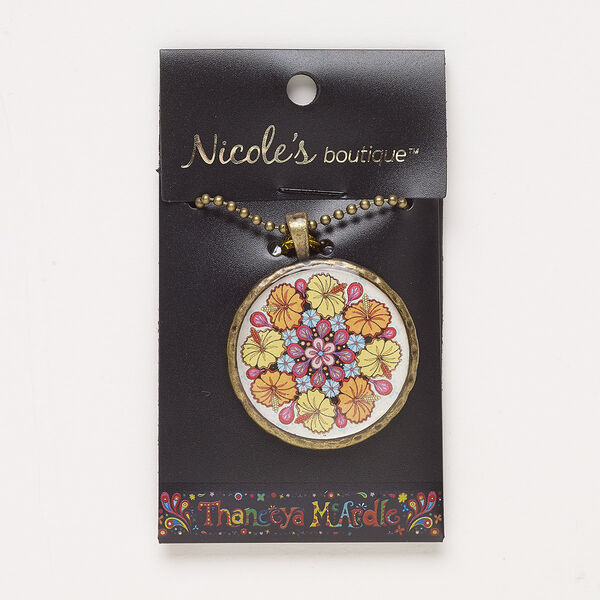 Necklace, resin / antique brass-finished "pewter" (zinc-based alloy) / steel, multicolored, 36mm round with hibiscus and flowers design and glitter, 23 inches with lobster claw clasp. Sold individually. image number 0