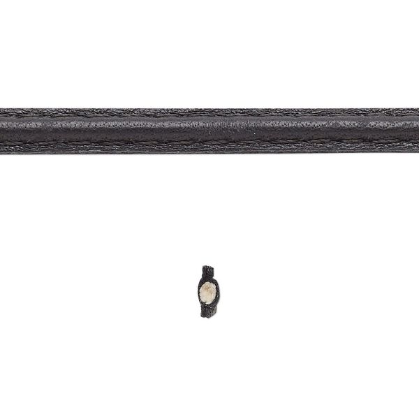 Cord, leather and cotton (dyed), black, 5-6mm double-stitched flat. Sold per 5-yard section. image number 0