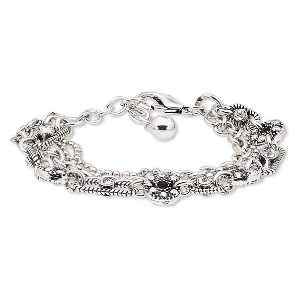 Bracelet, 4-strand, glass rhinestone / silver-plated steel / antique silver-plated brass / "pewter" (zinc-based alloy), clear, 16mm wide with round, 6-1/2 inches with 1-3/4 inch extender chain and lobster claw clasp. Sold individually. image number 0