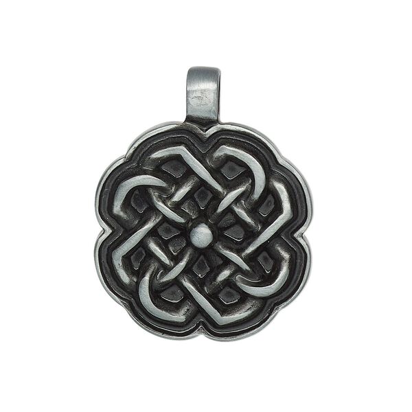 Pendant, enamel and "pewter" (zinc-based alloy), black, 29x23mm single-sided Celtic knot. Sold individually. image number 0