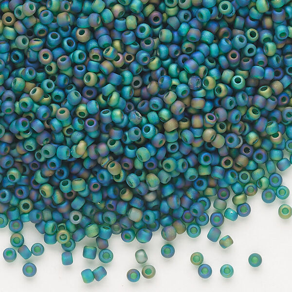 Seed bead, Dyna-Mites™, glass, pkg/1/2kg, #11 round, translucent frosted rainbow peacock, (23FAB 11/0 RR). image number 0