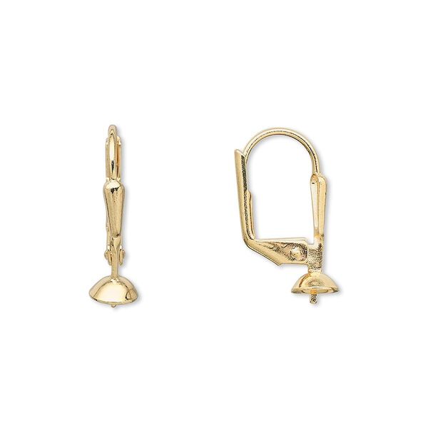 Ear wire leverback 1pkg100 gold-plated, 19mm / 5mm cup / 3mm peg / 4-6mm half-drilled round setting, brass 50 pair image number 0
