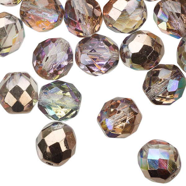 Bead 1pkg40 Czech fire-polished glass, 10mm faceted round, opaque half-coated clear AB / metallic Capri gold image number 0