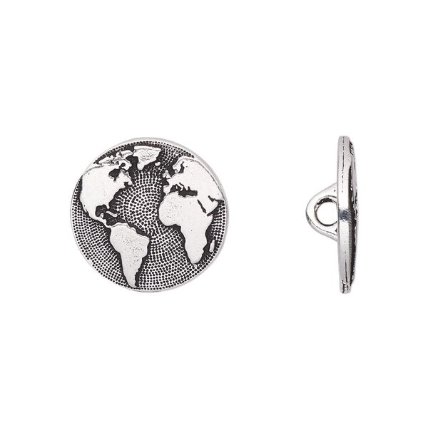 Button, TierraCast®, antique silver-plated pewter (tin-based alloy), 16mm flat round with Earth and closed loop. Sold per pkg of 2. image number 0