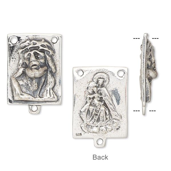 Connector, antiqued sterling silver, 19x14mm double-sided rectangle with Jesus face and Mother with Child rosary. Sold individually. image number 0