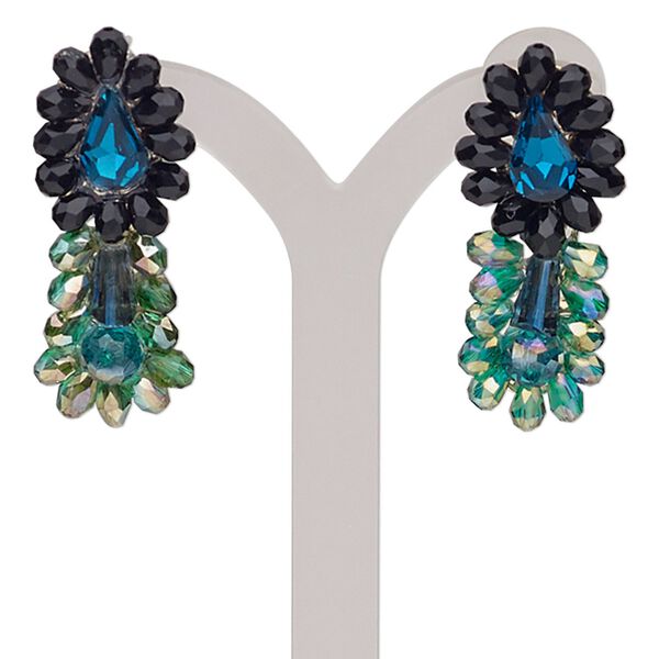 Earring, glass / stainless steel / gold-finished brass, green AB / black / blue, 1-1/2 inches with teardrop and flower with post. Sold per pair. image number 0