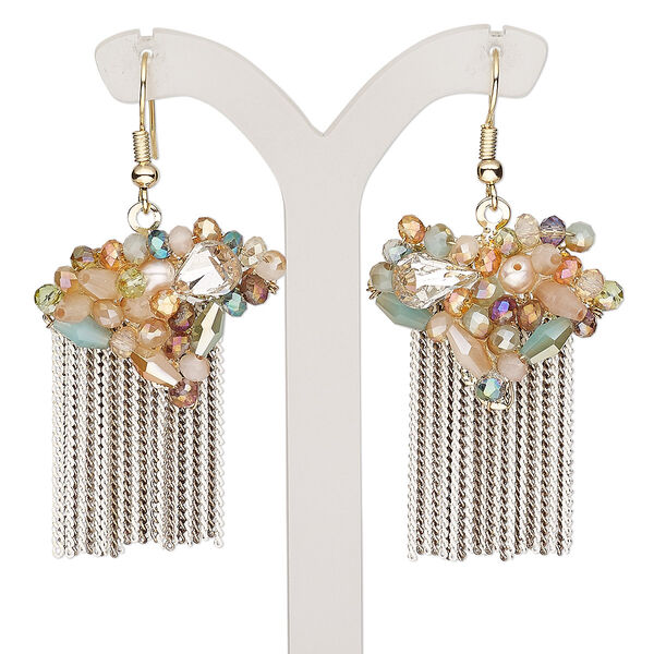 Earring, cultured freshwater pearl (bleached) / glass / gold-finished brass / steel, multicolored, 2 inches with fishhook ear wire. Sold per pair. image number 0