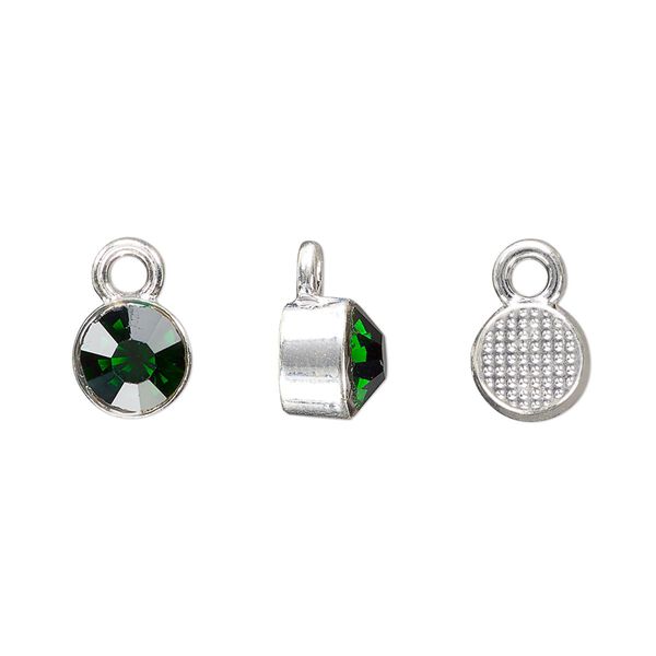 Drop, silver-finished "pewter" (zinc-based alloy) and glass rhinestone, emerald green, 8mm faceted round, May birthstone. Sold per pkg of 4. image number 0