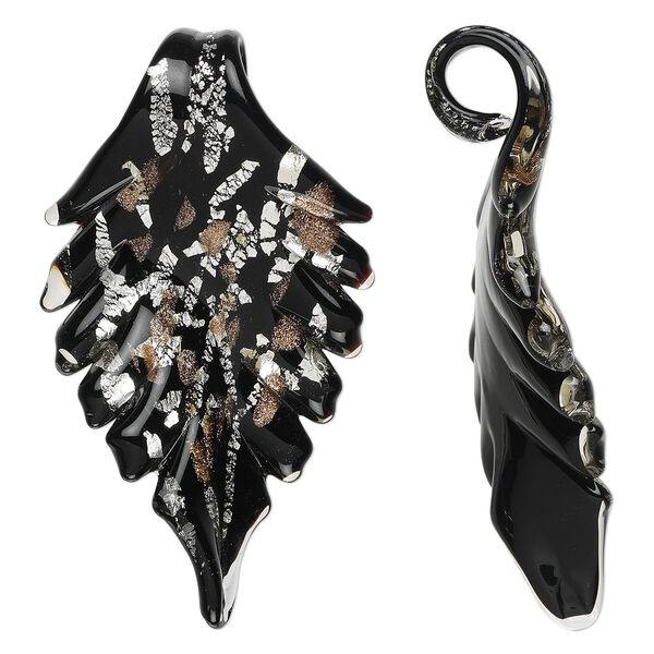Focal, lampworked glass, black with silver- and copper-color foil, 71x40mm wavy leaf with glass bail. Sold individually. image number 0