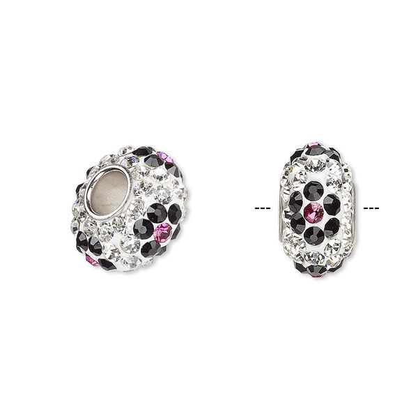 Bead, Dione®, Czech glass rhinestone / epoxy / imitation rhodium-plated brass grommet, multicolored, 13x8mm-14x8mm rondelle with flower, 4.5mm hole. Sold individually. image number 0