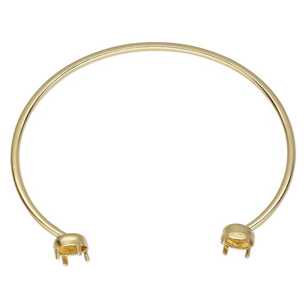 Bracelet, cuff, gold-finished brass, 2mm oval with (2) 7mm round rivoli or chaton mountings, 6-1/2 inches. Sold individually. image number 0