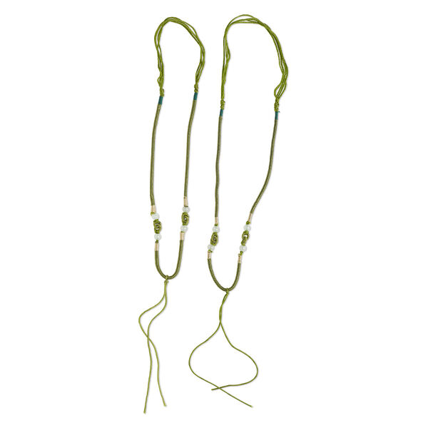 Necklace cord, macramé, jadeite (natural/dyed) and imitation silk, olive green / tan, 2-3.5mm wide with 5-1/2 inch dangle, 20 inches with slip knot closure. Sold per pkg of 2. image number 0