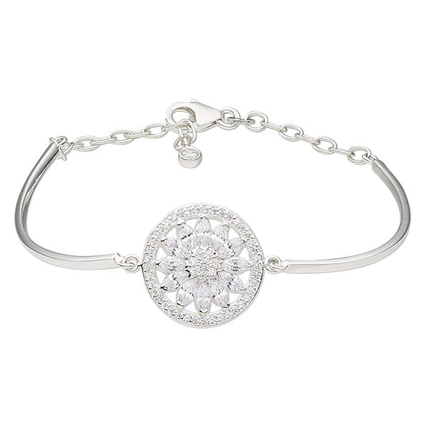 Bracelet, sterling silver and cubic zirconia, clear, 2mm wide with 20mm flat round and flower, 7 inches with 1-1/2 inch extender chain and lobster claw clasp. Sold individually. image number 0