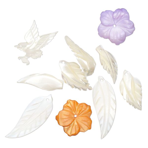 Drop and component mix, mother-of-pearl shell (natural / bleached / dyed), multicolored, 17x17mm-30x11mm multi-shape. Sold per pkg of 10. image number 0