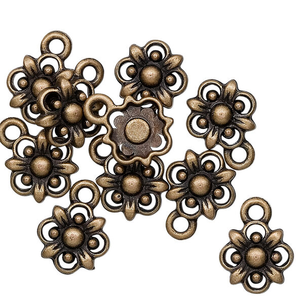 Charm, antique brass-finished "pewter" (zinc-based alloy), 10.5x10.5mm flower. Sold per pkg of 10. image number 0