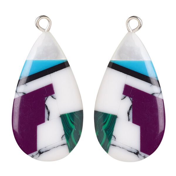 Drop, mother-of-pearl shell / resin / silver-finished copper, multicolored, 28x16mm single-sided right- and left-facing flat teardrop. Sold per pkg of 2. image number 0