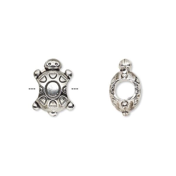 Bead, antique silver-finished "pewter" (zinc-based alloy), 15x10.5mm double-sided turtle. Sold per pkg of 12. image number 0