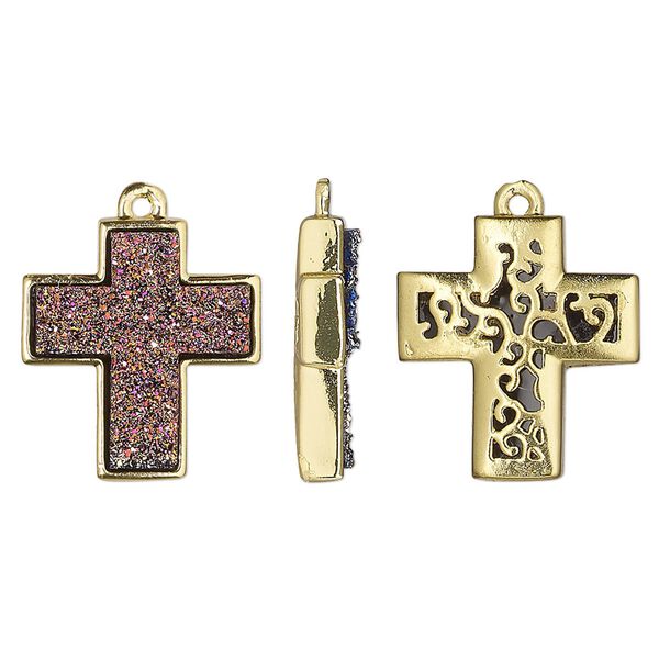 Drop, Druzylite™, "druzy" (resin) and gold-finished brass, metallic purple, 18x16mm two-sided cross with open filigree back. Sold per pkg of 4. image number 0