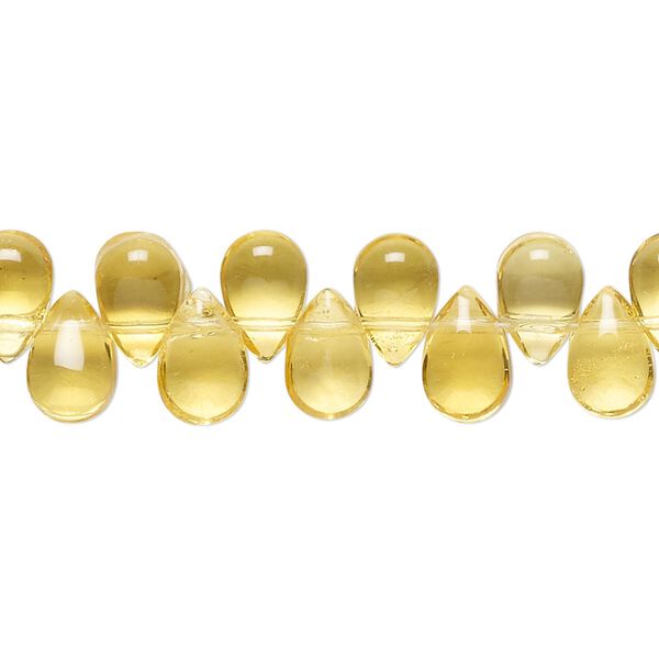 Bead, glass, transparent lemon, 9x6mm top-drilled puffed teardrop. Sold per 10-inch strand, approximately 50 beads. image number 0