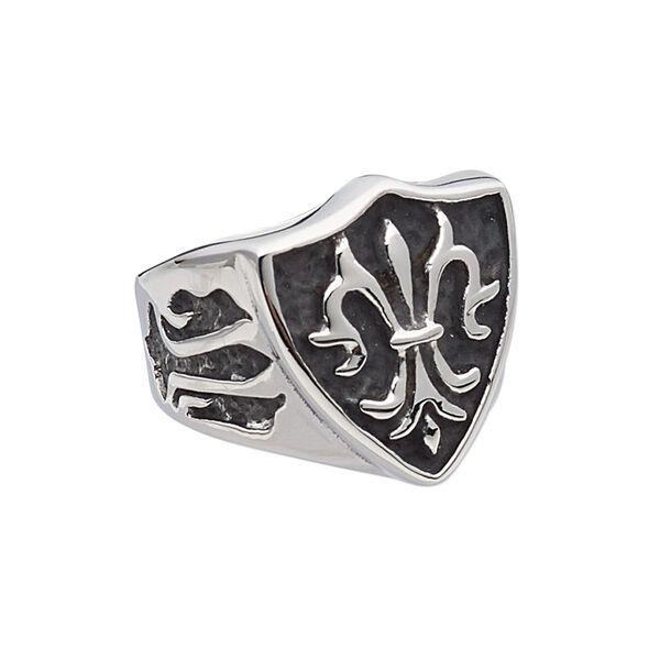 Ring, antiqued stainless steel, 22mm wide with shield and fleur-de-lis, size 9. Sold individually. image number 0