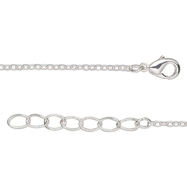 Chain, silver-finished brass, 1.5-1.7mm cable, 20 inches long with 1-1/4 inch extender chain and lobster claw clasp. Sold per pkg of 2. image number 0