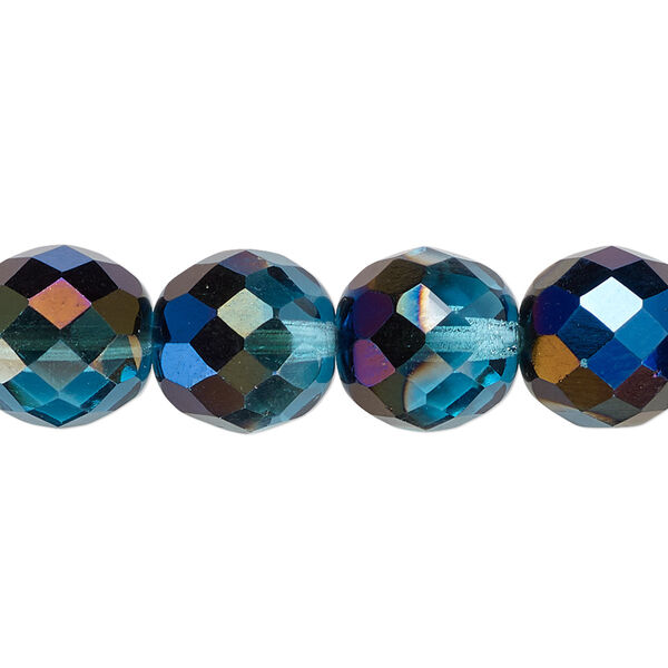Bead, Czech fire-polished glass, pkg/15-1/2 to 16 inches, 12mm faceted round, teal blue iris, (60010-22201). image number 0