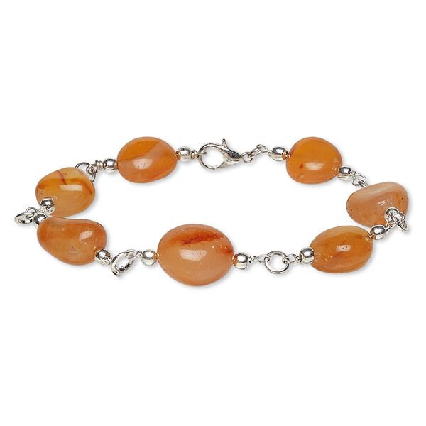 Bracelet, red agate (dyed) with silver-plated brass and steel, small to medium hand-cut nugget, 7 inches with lobster claw clasp. Sold individually. image number 0