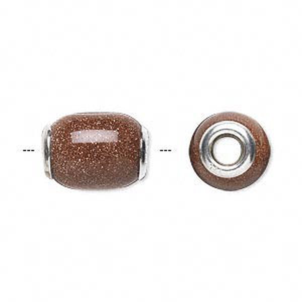 Bead, Dione®, brown goldstone (glass) (man-made) and sterling silver grommets, 14x11mm-16x12mm oval with 4mm hole. Sold individually. image number 0