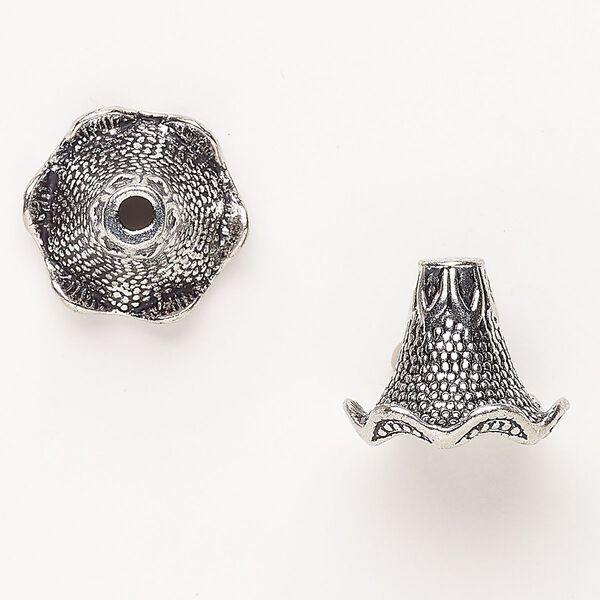 Cone, "pewter" (zinc-based alloy), pkg/2, 22x18mm textured bellflower, antique silver finish. image number 0