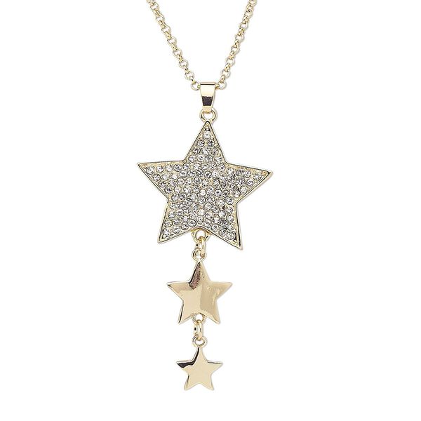 Necklace, glass rhinestone with gold-finished steel and "pewter" (zinc-based alloy), clear, 30x28mm star, 29 inches with 3-inch extender chain and lobster claw clasp. Sold individually. image number 0