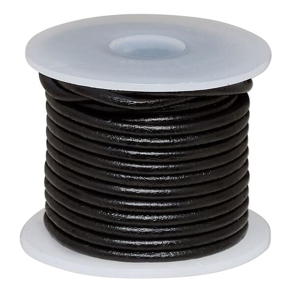 Cord, leather (dyed), black, 2mm round. Sold per 5-yard spool. image number 0