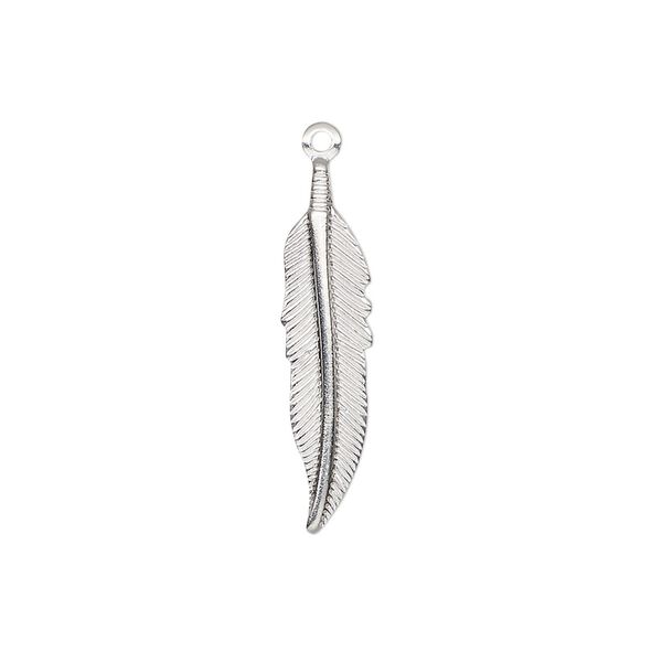Charm, silver-plated brass, stamped, 25x6mm single-sided feather. Sold per pkg of 100. image number 0
