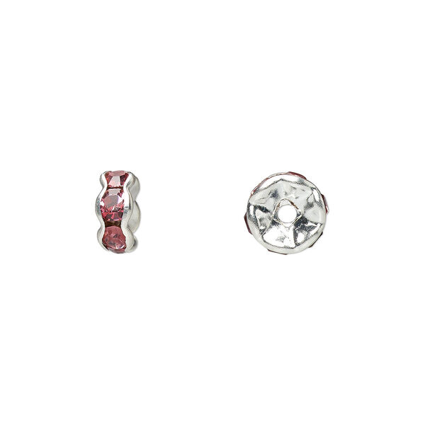 Bead, glass rhinestone and silver-plated brass, rose, 7x3.5mm rondelle. Sold per pkg of 10. image number 0