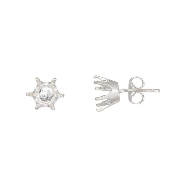 Earstud 1pkg2 Sure-Set™ sterling silver, 7mm round pre-notched 6-prong setting / earnuts, 1 pair image number 0