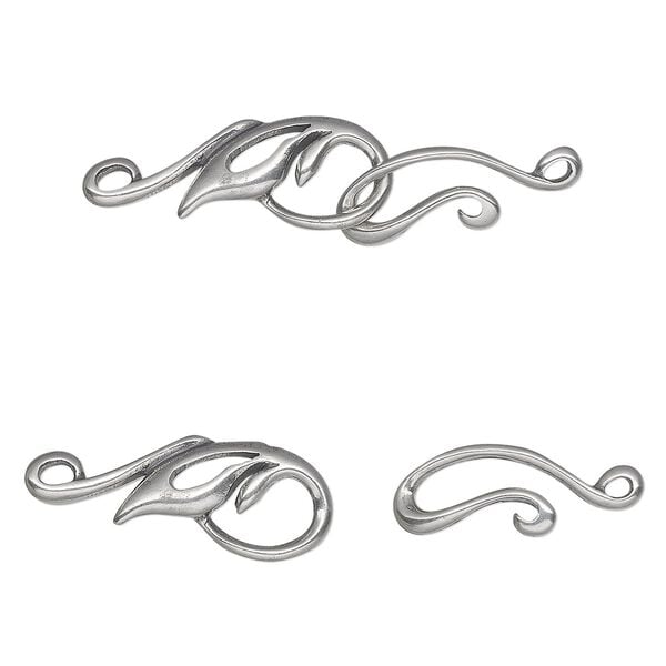 Clasp, hook-and-eye, antiqued sterling silver, 39x11mm. Sold individually. image number 0