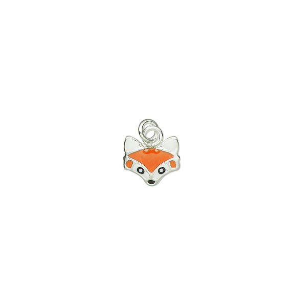Charm, enamel and sterling silver, orange / white / black, 7x6.5mm single-sided fox head with 3mm closed jump ring. Sold individually. image number 0