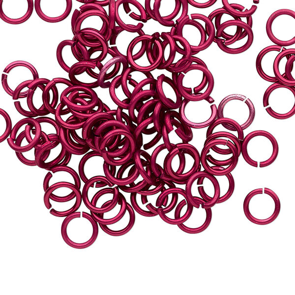 Jump ring, anodized tempered aluminum, red, 6mm round, 4.2mm inside diameter, 18 gauge. Sold per pkg of 100. image number 0