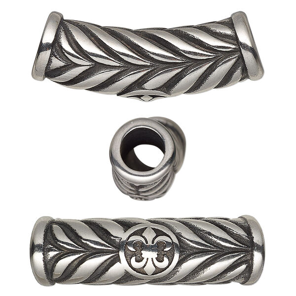 Bead, antiqued stainless steel, 29x12.5mm curved tube with leaves and fleur-de-lis design. Sold individually. image number 0