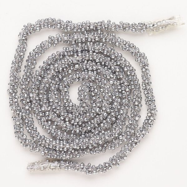 Cord, glass and nylon, pkg/40 inches, 5.5mm round hand-crocheted seed bead cord, silver. image number 0