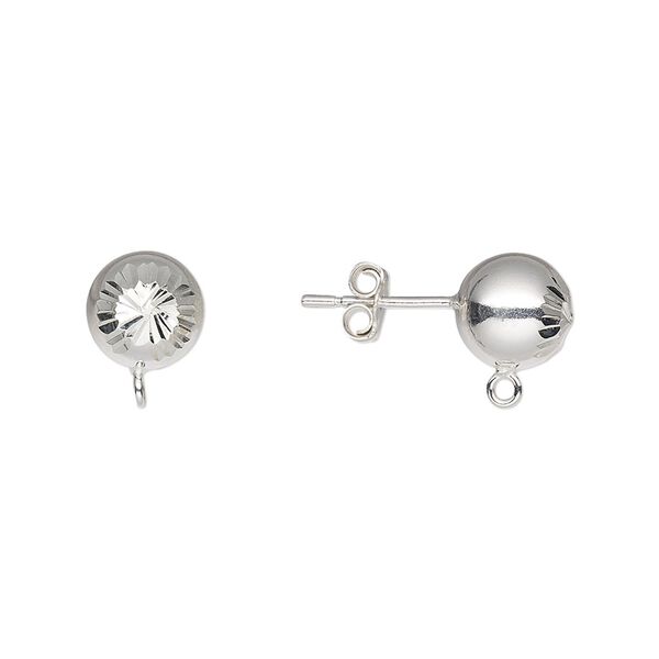 Earstud 1pkg2 sterling silver, 8mm diamond-cut ball / closed loop / earnuts, 1 pair image number 0
