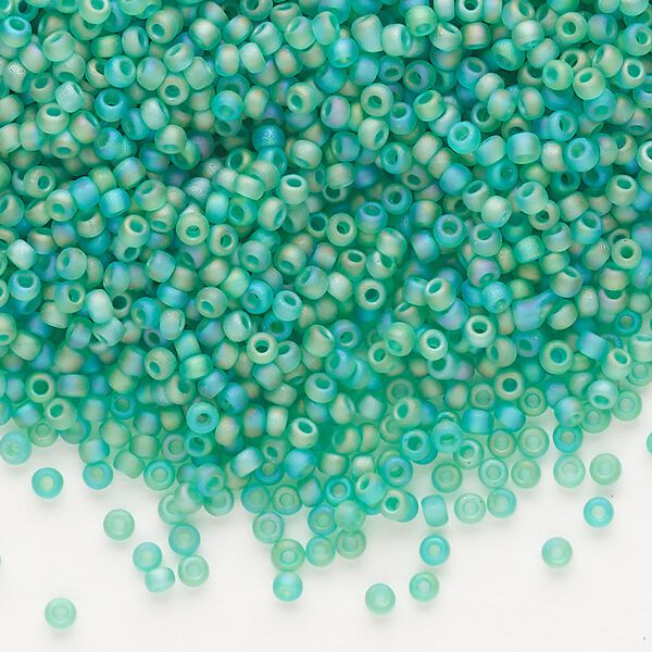 Seed bead, Dyna-Mites™, glass, pkg/40g, #11 round, translucent frosted rainbow jade green, (20FAB 11/0 RR). image number 0