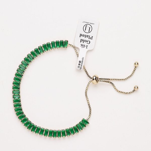 Bracelet, adjustable, brass / glass / silicone, pkg/1, 6 to 10 inches, gold plate and emerald. image number 0