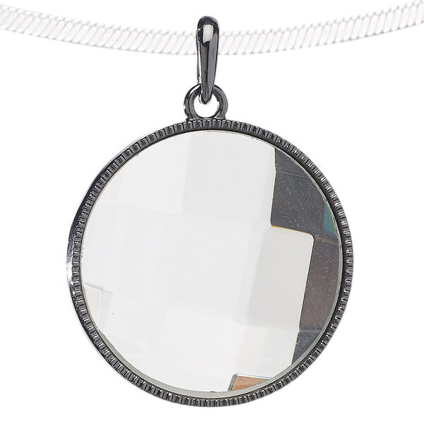 Pendant, glass and gunmetal-finished "pewter" (zinc-based alloy), clear, 38mm flat round. Sold individually. image number 0