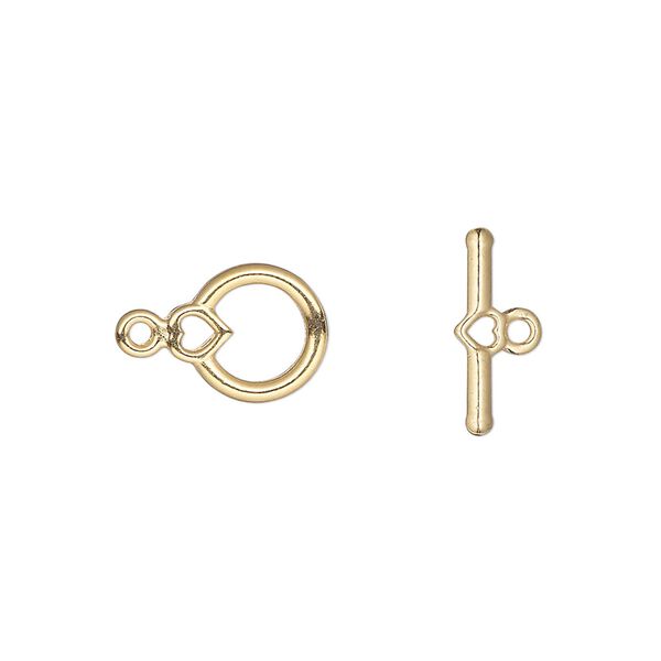 Clasp, toggle, gold-plated "pewter" (zinc-based alloy), 10x9mm round with heart. Sold per pkg of 10. image number 0