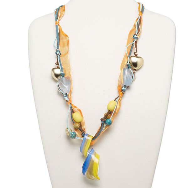 Necklace, glass and acrylic, multicolored, 74x31mm swirled focal with mixed size and shape accent beads, 27-inch cotton waxed cord/velveteen cord/leather ribbon with 2-inch steel extender and lobster claw clasp. Sold individually. image number 0